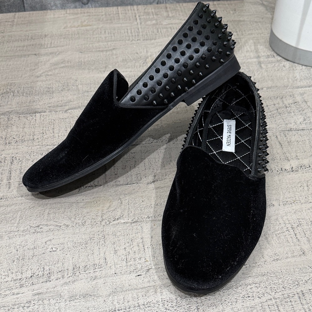 Steve Madden Black Velvet Slip-On Loafers with Studded Heel Trim 13